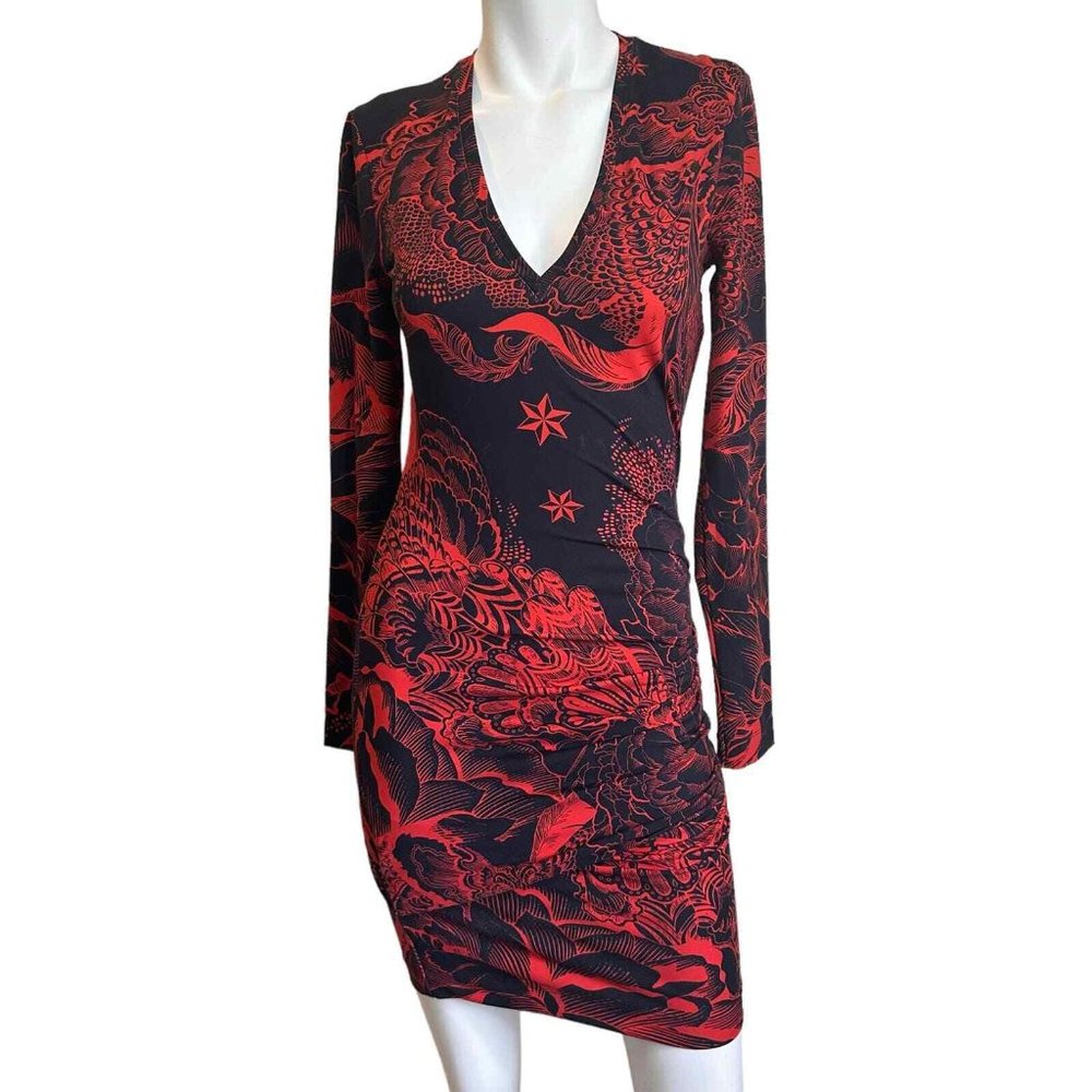 Just Cavalli Red & Black Asian Themed Ruched Bodycon Mini Dress IT Sz 46